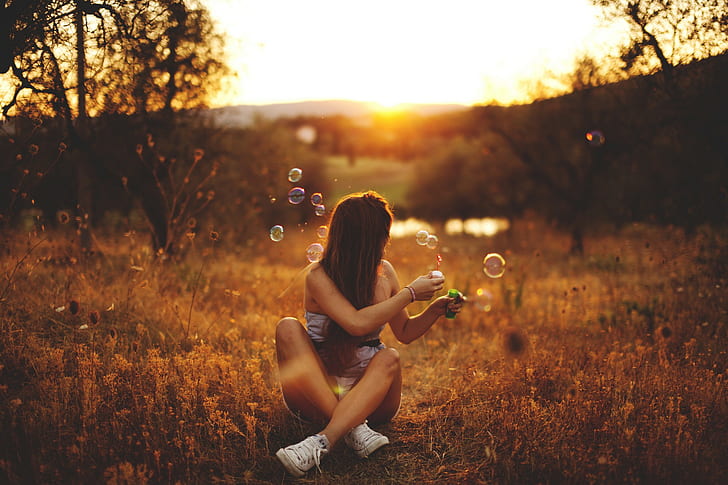 women, sunset, bubbles, HD wallpaper