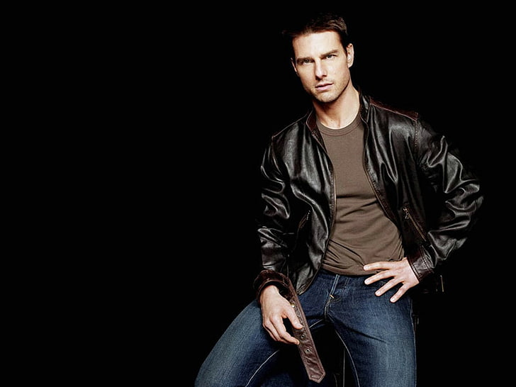 Tom Cruise, actor, men, portrait, jeans, leather jackets, brunette