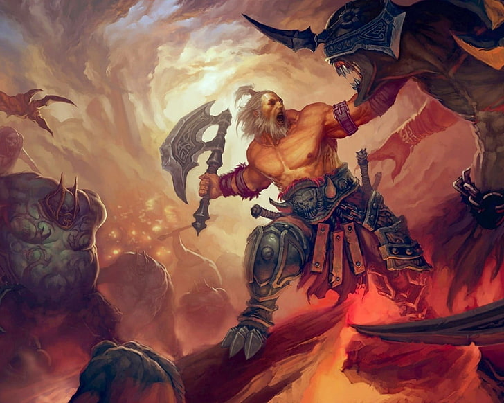 cartoon character holding axe, fantasy art, warrior, axes, attack