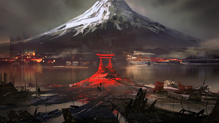 painting of Shinto gateway, videogame screenshot, Japan, Mount Fuji