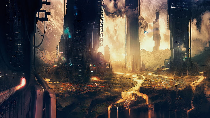 black and brown wooden cabinet, artwork, futuristic city, science fiction, HD wallpaper