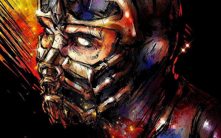 Mortal Kombat Scorpion vector art, face, mask, abstract, backgrounds