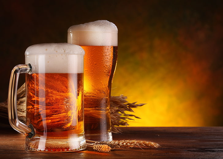 clear glass beer mug, foam, table, ears, beer - Alcohol, lager, HD wallpaper