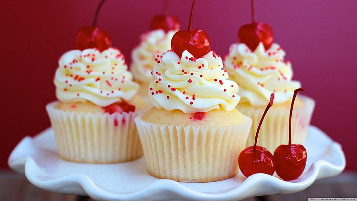 white cupcake with cherry, cupcakes, dessert, sprinkles, cherries (food), HD wallpaper