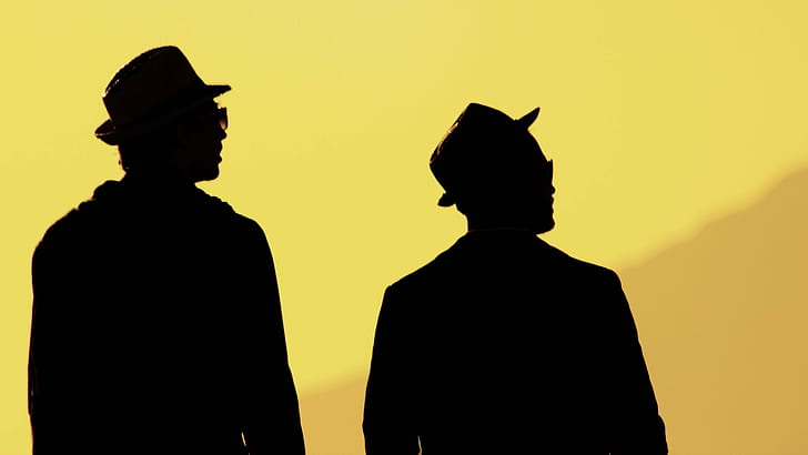 silhouette of two man with yellow background, Dúo, hombres, dos