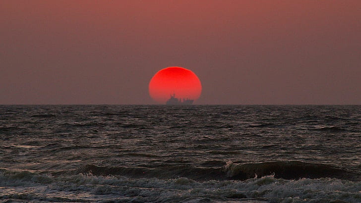 Majestic Sunset, ship, horizon, waves, nature and landscapes