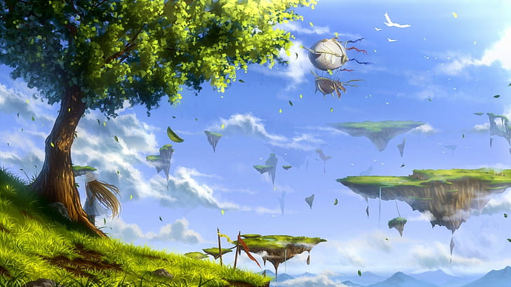 floating island, birds, trees, anime, leaves