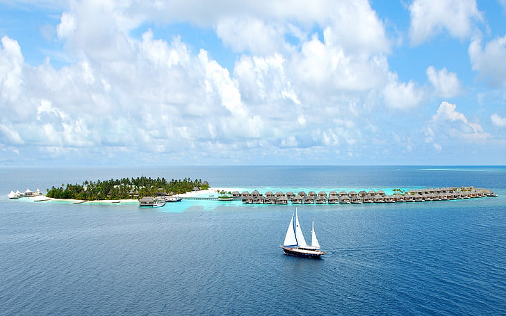 white sailboat on body of water, island, sea, sky, cloud - sky, HD wallpaper