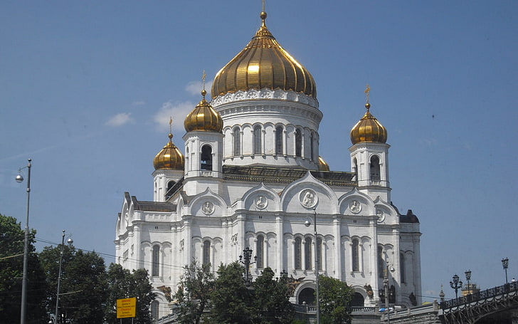 white and brass temple, cathedral of christ the saviour, moscow, HD wallpaper