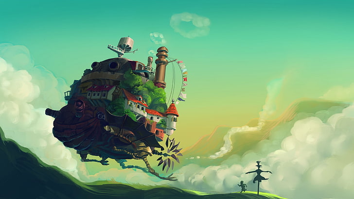 brown and green plane with houses illustration, Studio Ghibli, HD wallpaper