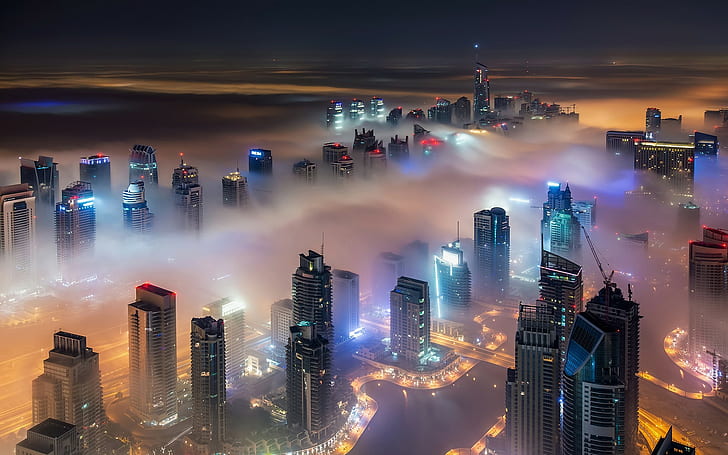 Cityscape, Skyscraper, Mist, Lights, Architecture, Urban, Dubai, Building, Modern, Night, United Arab Emirates, Desert, HD wallpaper