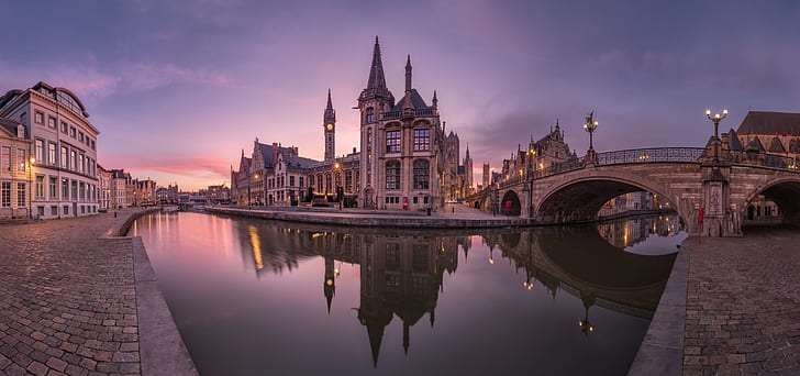 Belgium, city, Gent, water, reflection, cityscape