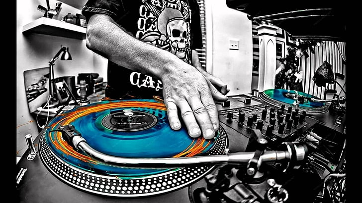 gray turntable, selective coloring, turntables, music, men, hands