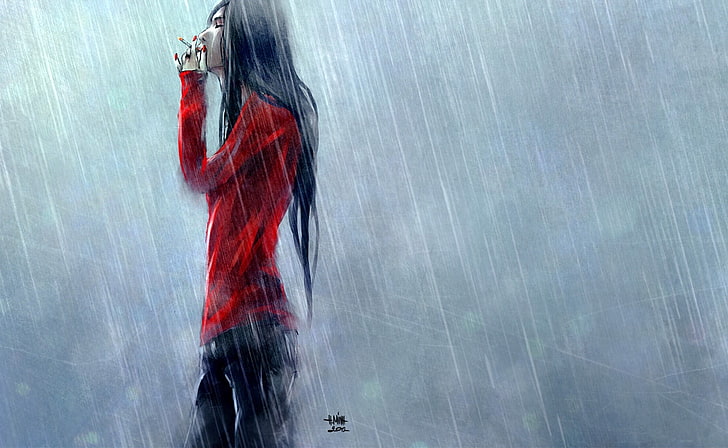 woman wearing red long-sleeved shirt painting, artwork, rain