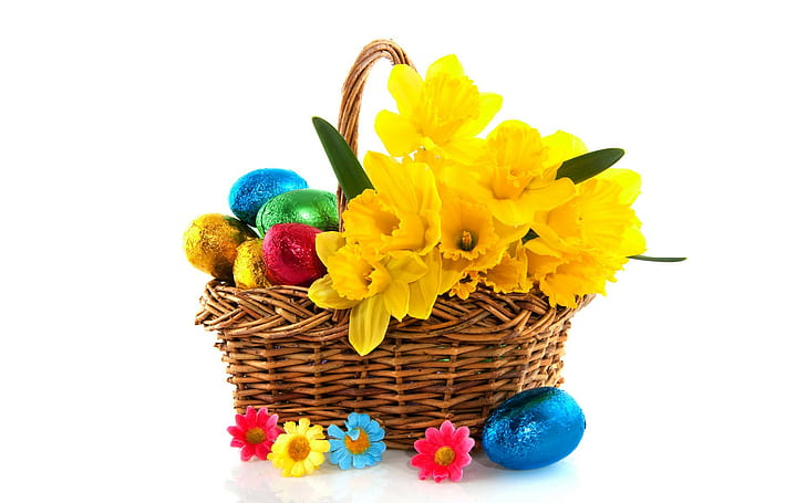 Eggs, flowers, basket, brown wicket basket; yellow petaled flower; blue, yellow, and green eggs
