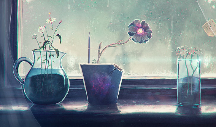 Sylar, pencils, flowers, water drops, window, plants, flowering plant