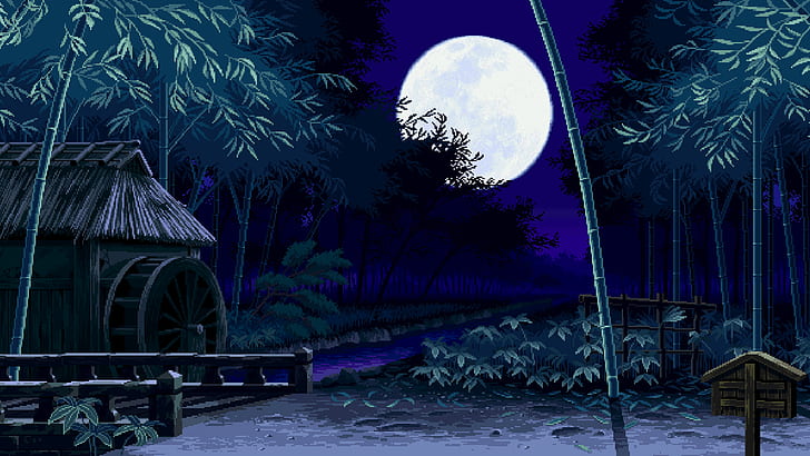 digital art nature landscape pixel art pixels pixelated bamboo trees moon night watermills house stream leaves fan art