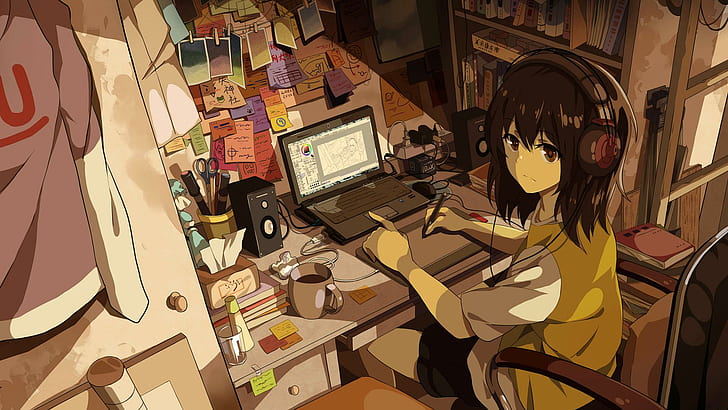 Hd Wallpaper Rooms Anime Girls Laptop Headphone Drawing