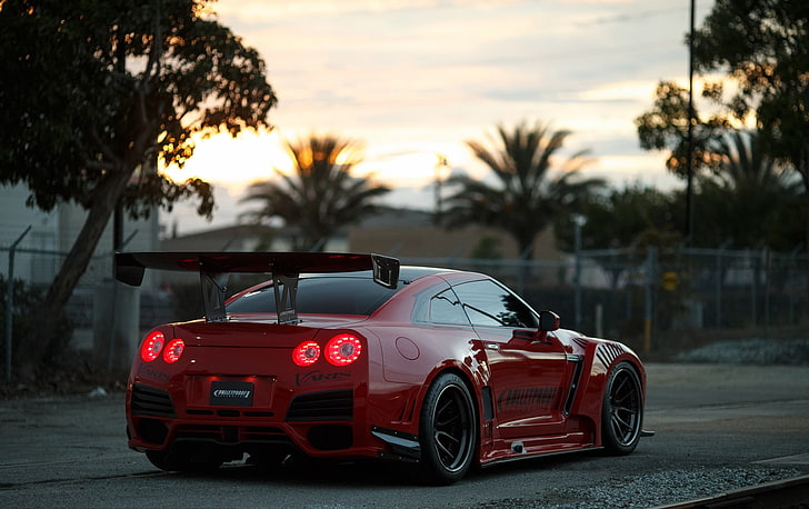 red sports car, Nissan, race cars, road, Nissan GT-R, red cars