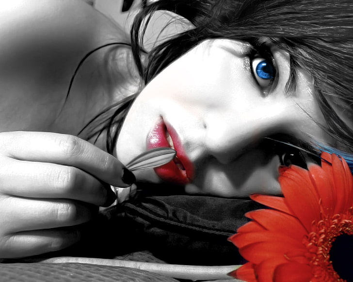 women's red lipstick, blue eyes, selective coloring, one person