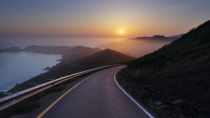 black and gray laptop computer, road, sunset, sea, mist, hills
