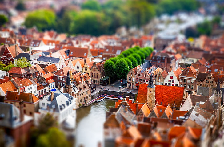 village die-cast model, tilt shift photography of red, gray, and brown roof houses, HD wallpaper