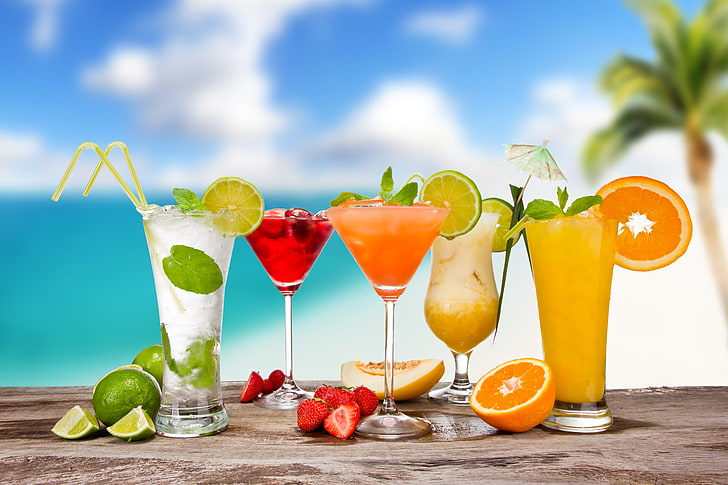 five pair of clear drinking glasses, summer, berries, orange, HD wallpaper