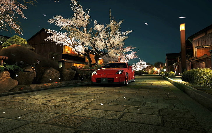 night, street light, trees, cherry blossom, car, spring, cityscape, HD wallpaper