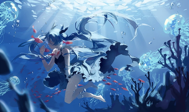 anime, Vocaloid, Hatsune Miku, water, vertebrate, fish, swimming, HD wallpaper