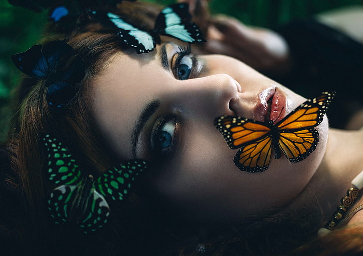 HD wallpaper: butterfly, women, model, face, blue eyes, one person ...