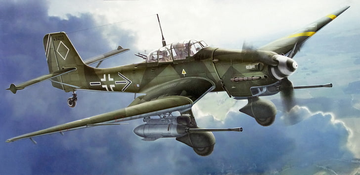 green and gray propeller plane, art, painting, aviation, Junkers Ju 87 G-2 Stuka &quot;Rudel&quot;