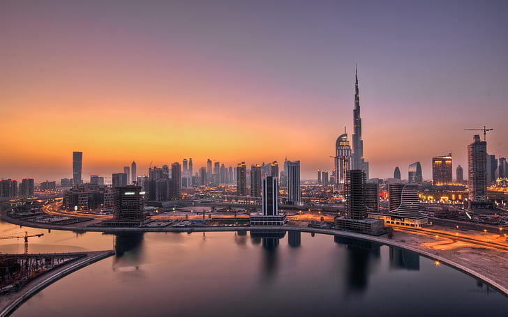 UAE, Dubai, lights, dawn, city buildings, city skyline, HD wallpaper