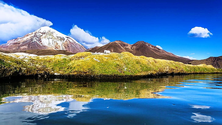 green mountains at daytime, Bolivia, lake, water, clouds, snowy peak, HD wallpaper