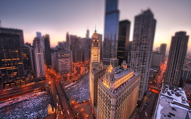 Chicago city at dawn, Illinois, USA, Chicago, winter, buildings, lights, height, HD wallpaper