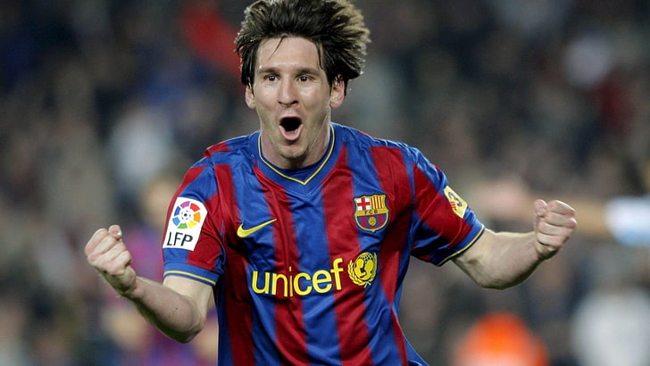 Lionel Messi, FC Barcelona, sport, waist up, excitement, front view, HD wallpaper