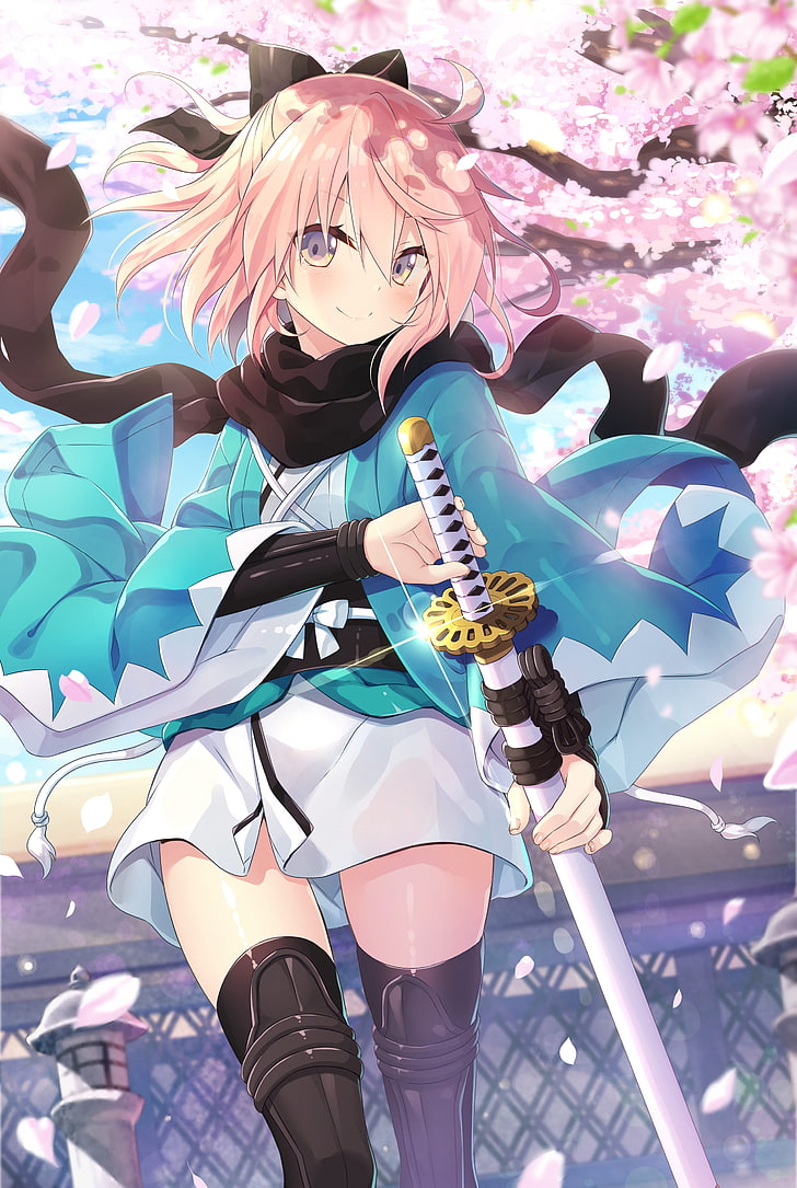 Hd Wallpaper Sakura Saber Sword Black Scarf Sakura Blossom Fate Grand Order Wallpaper Flare