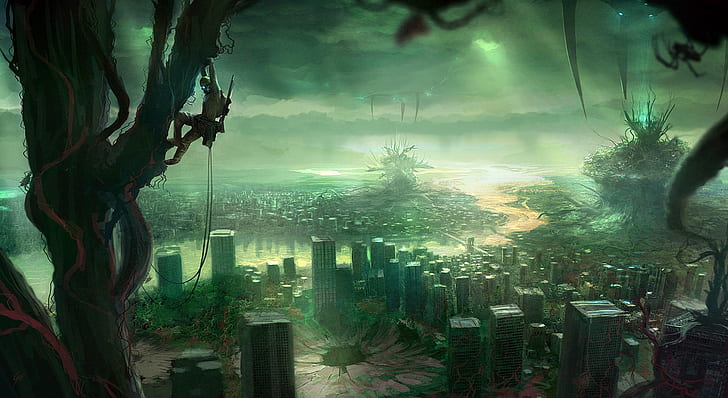 green city dystopia future urban sciencefiction skyscapes 1920x1080  Nature Sky HD Art, HD wallpaper