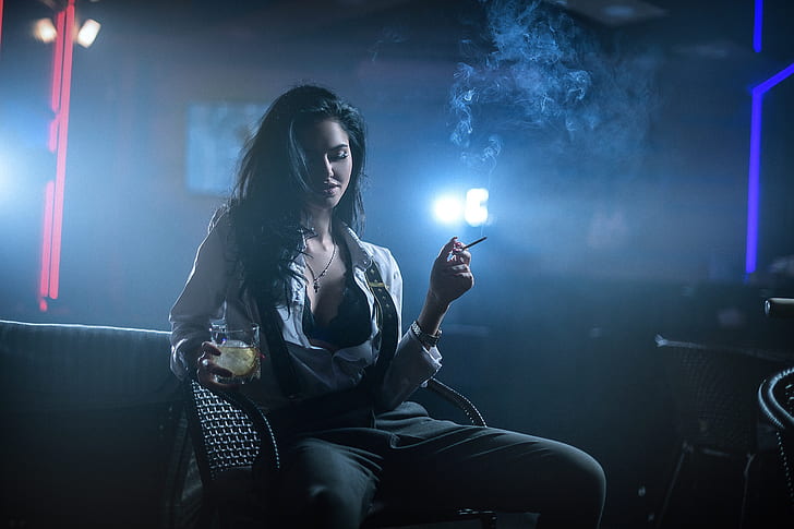 dark, women, model, smoking