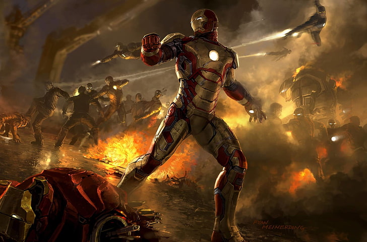 Marvel Iron Man digital wallpaper, Ryan Meinerding, armor, war