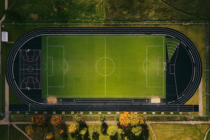 aerial view, sport, stadium, green color, plant, grass, day, HD wallpaper