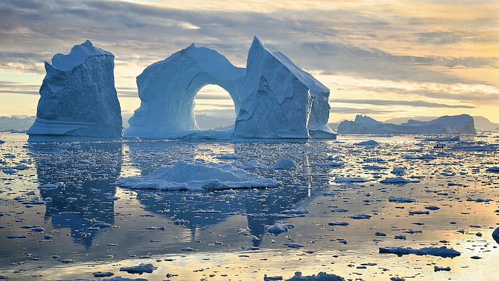 Bay, icebergs, Greenland, Disko Bay, water, sea, sky, cold temperature, HD wallpaper