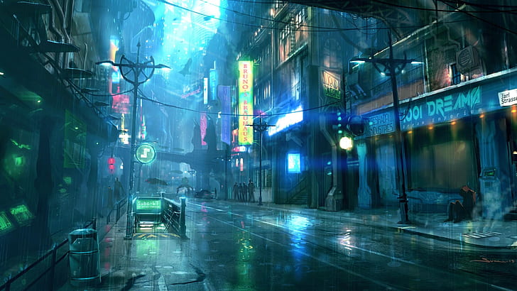 Rainy night city, street, buildings, art design