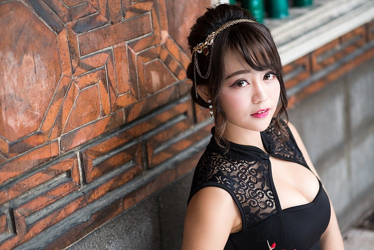 women's black lace sleeveless top, Models, Asian, Black Dress, HD wallpaper