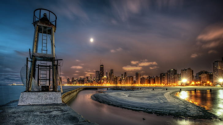 evening, ilinois, united states, moon, lake michigan, chicago, HD wallpaper