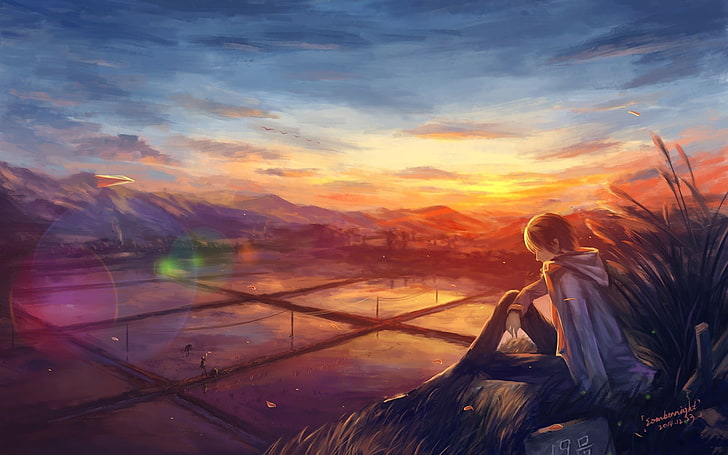 sitting in grass male anime character, sunset, rice paddy, artwork, HD wallpaper
