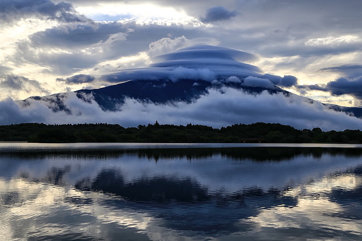 Mount Fuji, clouds, Japan, lake, reflection, cloud - sky, water, HD wallpaper