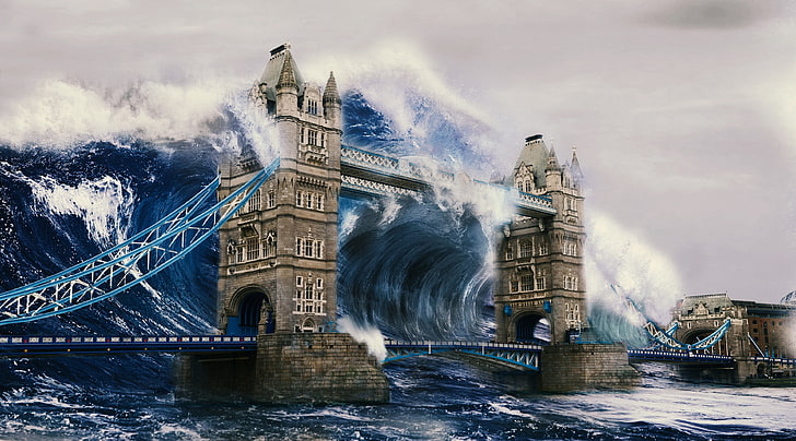 Wave, Tower Bridge painting, Aero, Creative, Waves, Storm, Tsunami