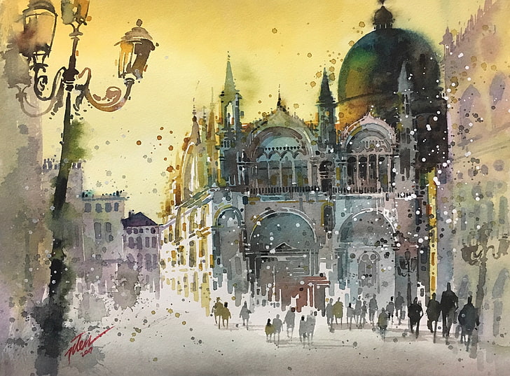 artwork, architecture, watercolor, cathedral, Venice, Italy