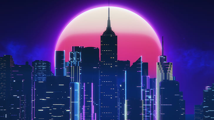 Night, Music, The city, The moon, Style, Neon, 80's, Synth