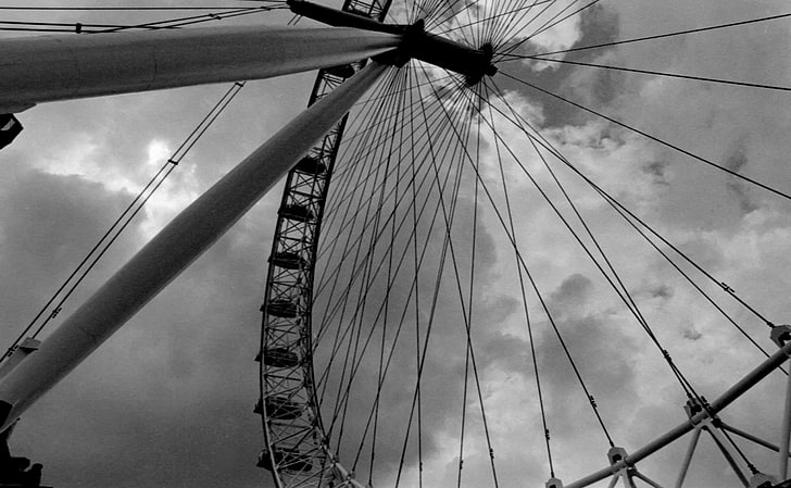ferris wheel, London Eye, monochrome, Europe, photography, cloud - sky